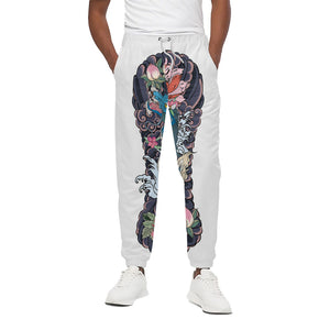 Blue Japanese Dragon Tattoo Print Cotton Pants