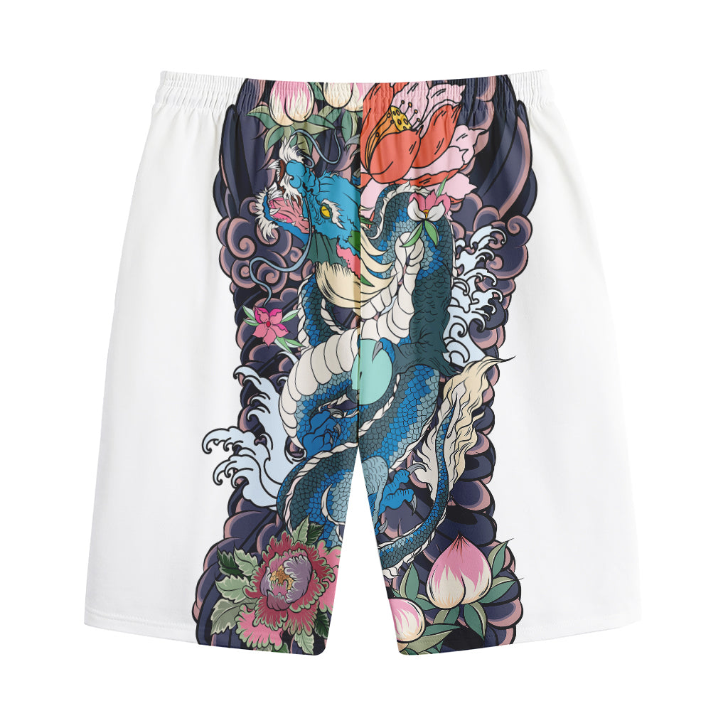 Blue Japanese Dragon Tattoo Print Cotton Shorts