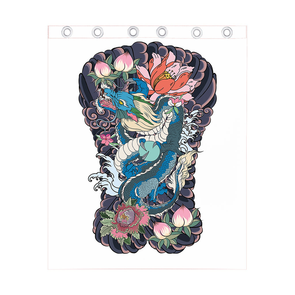 Blue Japanese Dragon Tattoo Print Curtain