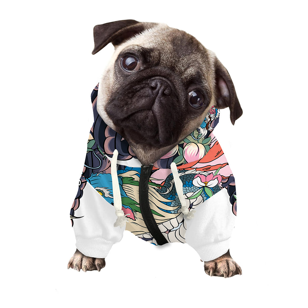 Blue Japanese Dragon Tattoo Print Dog Zip Up Hoodie