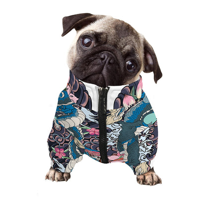 Blue Japanese Dragon Tattoo Print Dog Zip Up Jacket