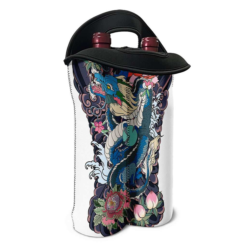 Blue Japanese Dragon Tattoo Print Double Neoprene Wine Tote