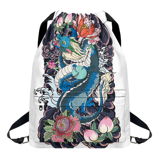 Blue Japanese Dragon Tattoo Print Drawstring Backpack