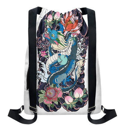 Blue Japanese Dragon Tattoo Print Drawstring Backpack