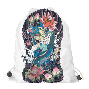 Blue Japanese Dragon Tattoo Print Drawstring Bag