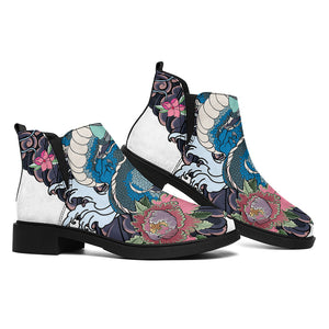 Blue Japanese Dragon Tattoo Print Flat Ankle Boots