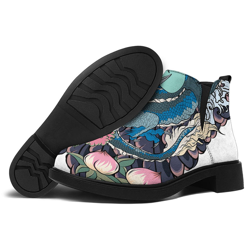 Blue Japanese Dragon Tattoo Print Flat Ankle Boots