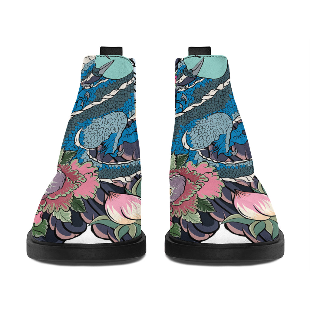 Blue Japanese Dragon Tattoo Print Flat Ankle Boots