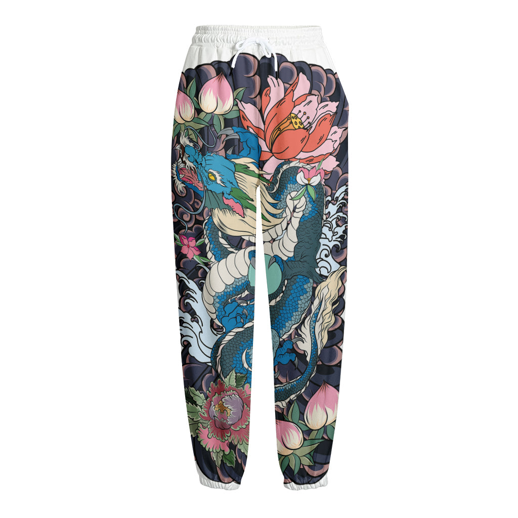 Blue Japanese Dragon Tattoo Print Fleece Lined Knit Pants