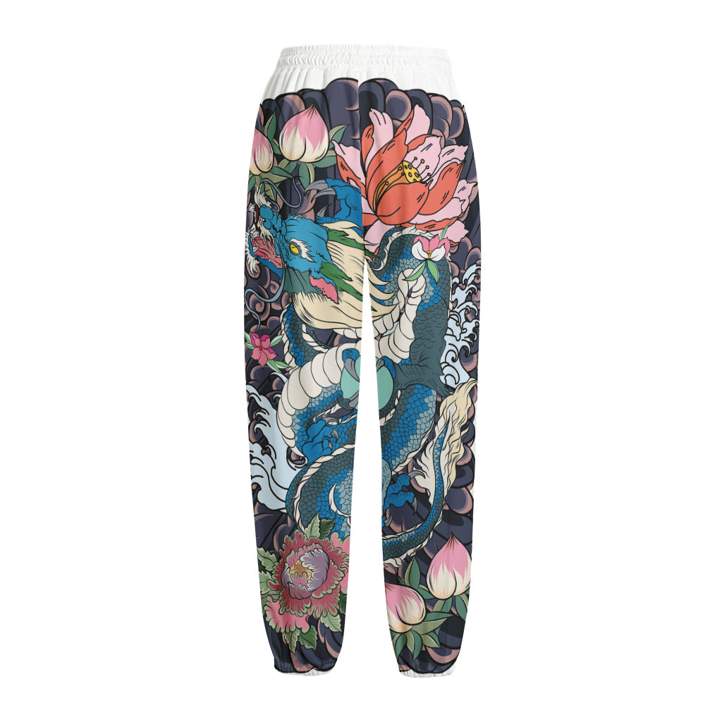 Blue Japanese Dragon Tattoo Print Fleece Lined Knit Pants