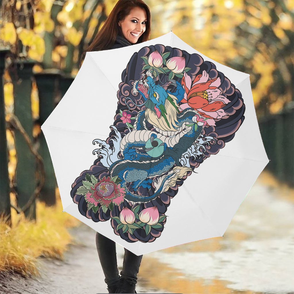 Blue Japanese Dragon Tattoo Print Foldable Umbrella