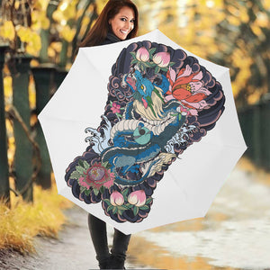 Blue Japanese Dragon Tattoo Print Foldable Umbrella