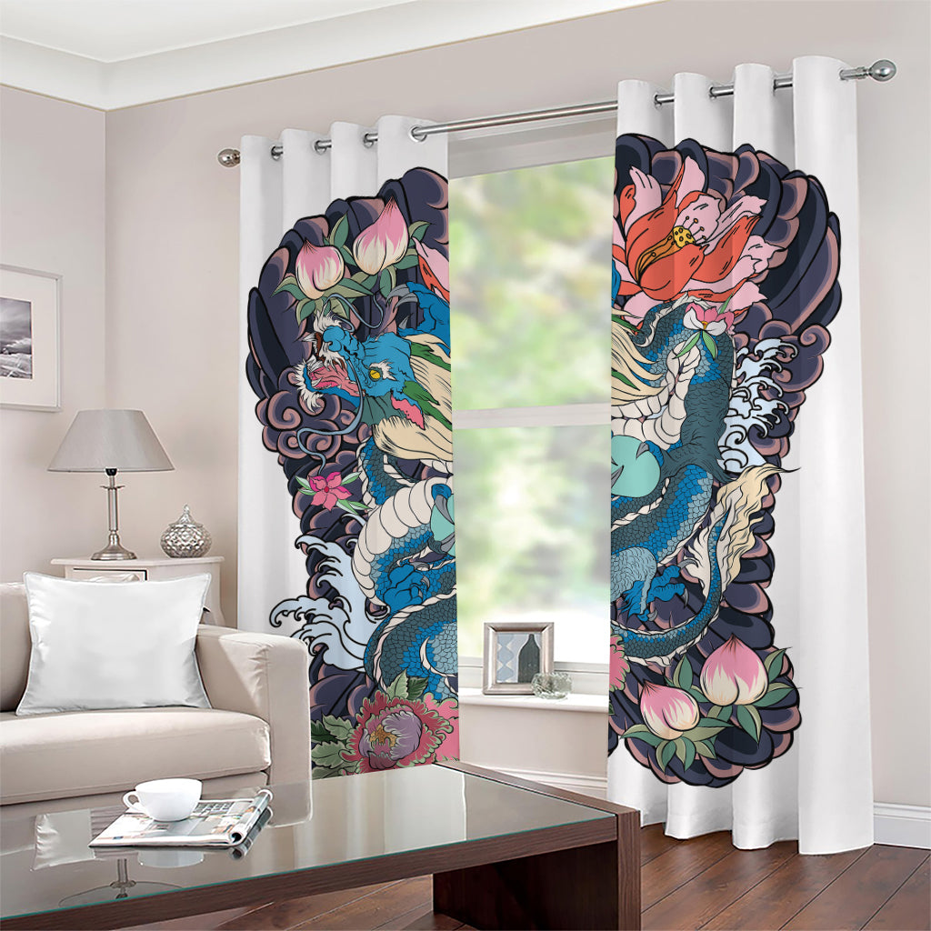 Blue Japanese Dragon Tattoo Print Grommet Curtains