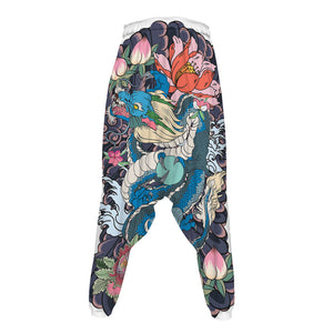 Blue Japanese Dragon Tattoo Print Hammer Pants