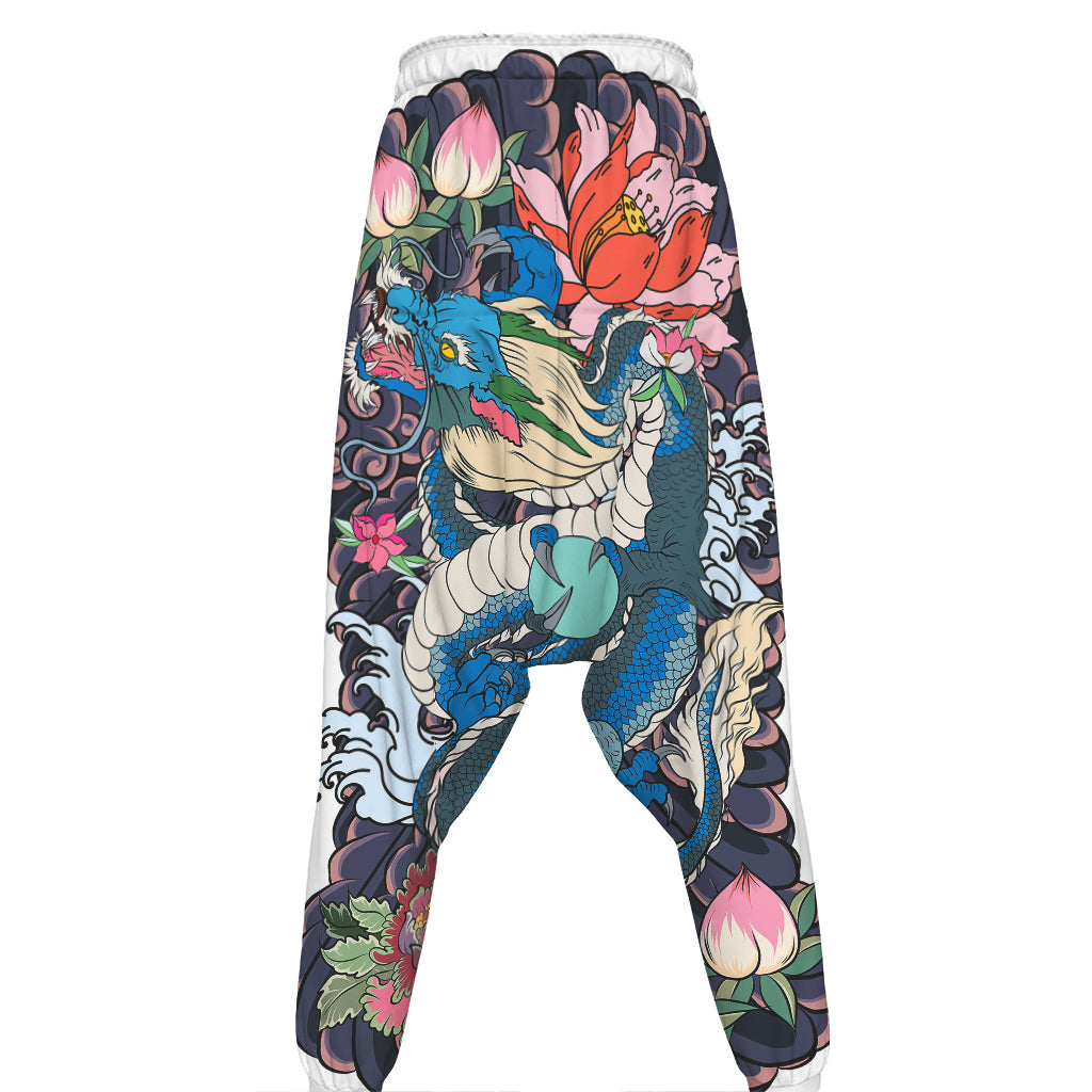 Blue Japanese Dragon Tattoo Print Hammer Pants