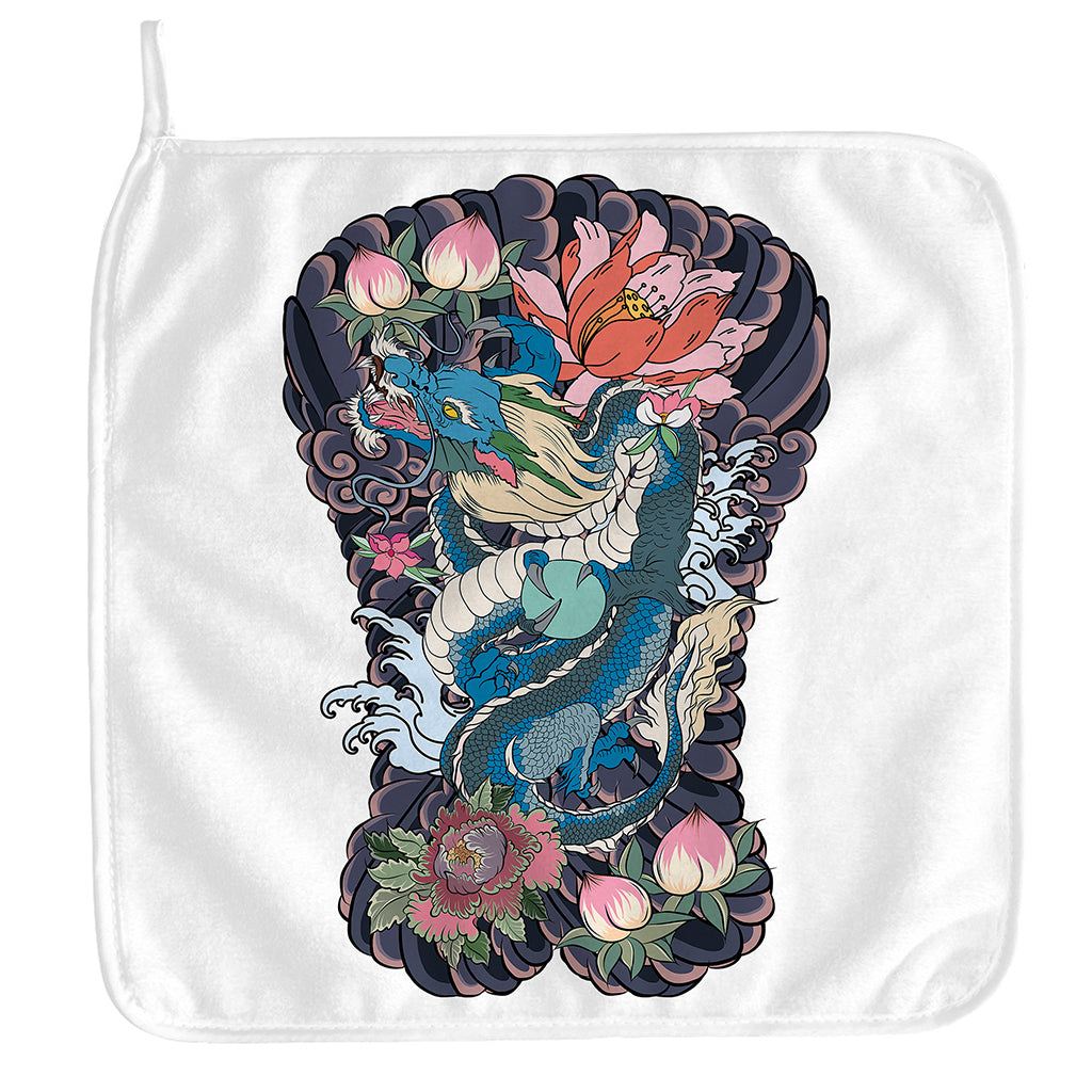 Blue Japanese Dragon Tattoo Print Hand Towel