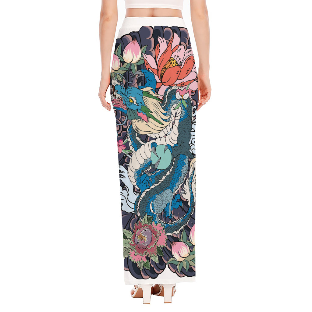 Blue Japanese Dragon Tattoo Print High Slit Maxi Skirt