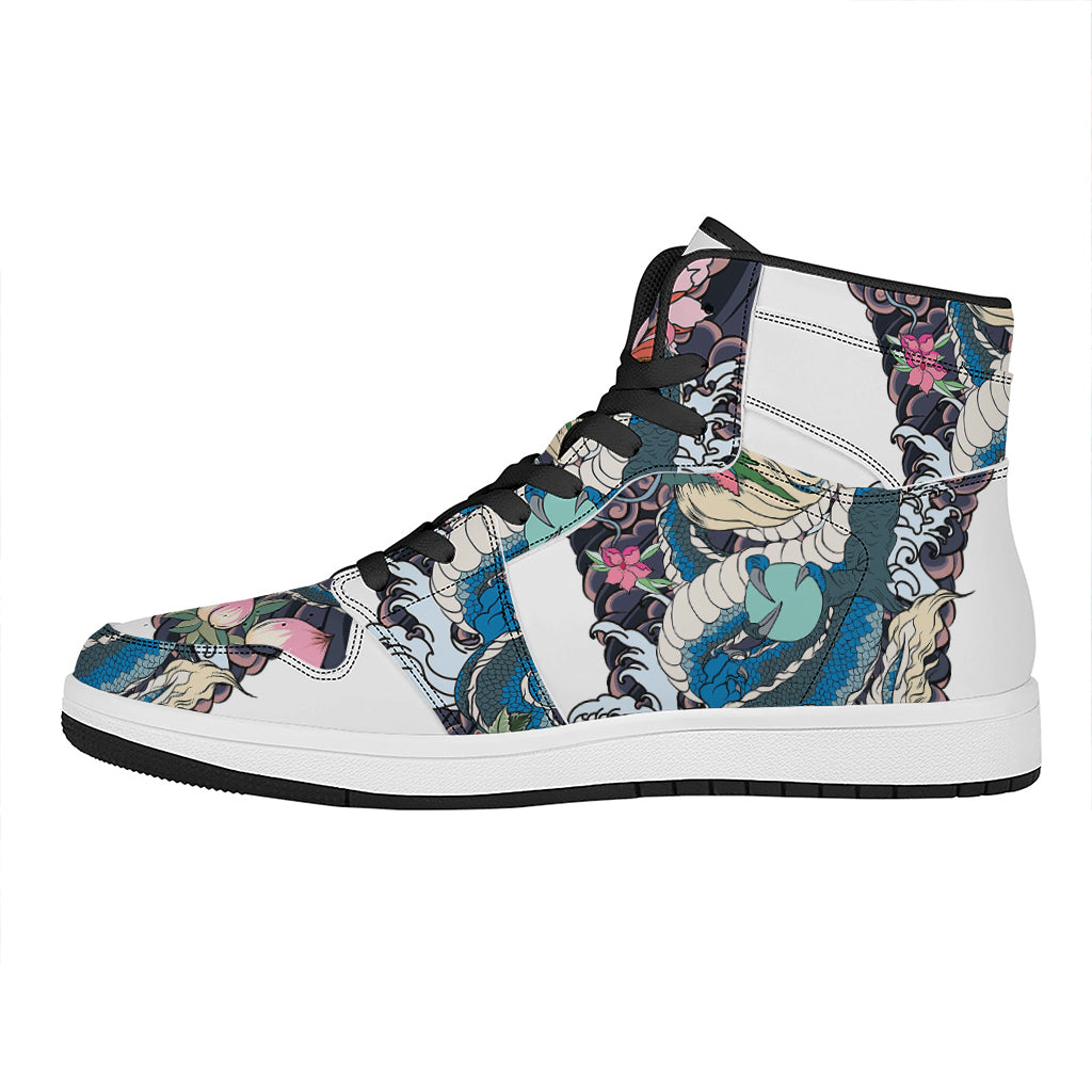 Blue Japanese Dragon Tattoo Print High Top Leather Sneakers