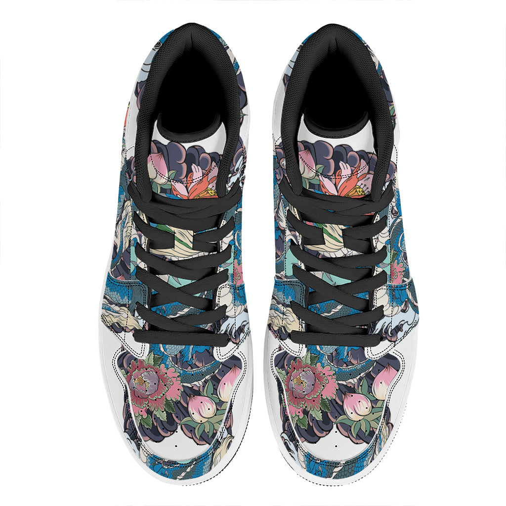 Blue Japanese Dragon Tattoo Print High Top Leather Sneakers