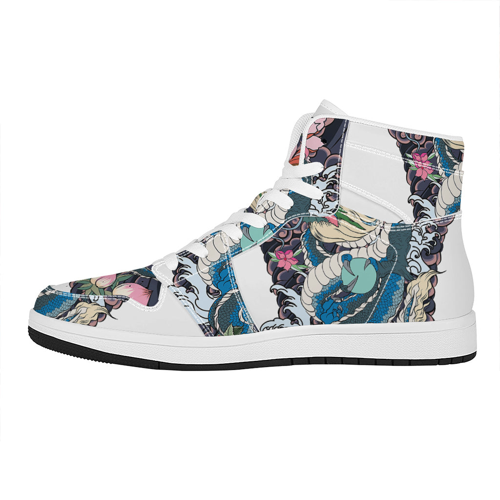 Blue Japanese Dragon Tattoo Print High Top Leather Sneakers