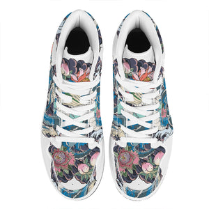 Blue Japanese Dragon Tattoo Print High Top Leather Sneakers