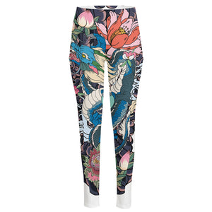 Blue Japanese Dragon Tattoo Print High-Waisted Pocket Leggings