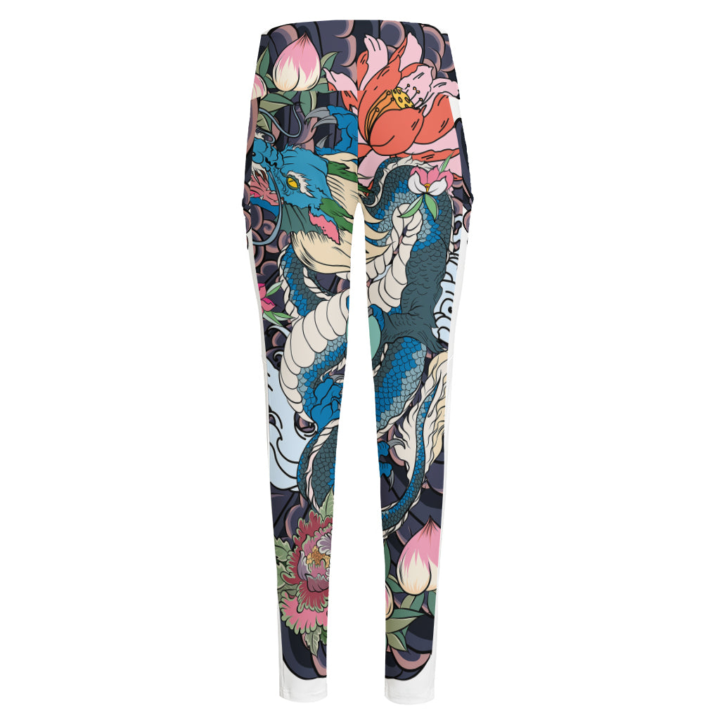 Blue Japanese Dragon Tattoo Print High-Waisted Pocket Leggings