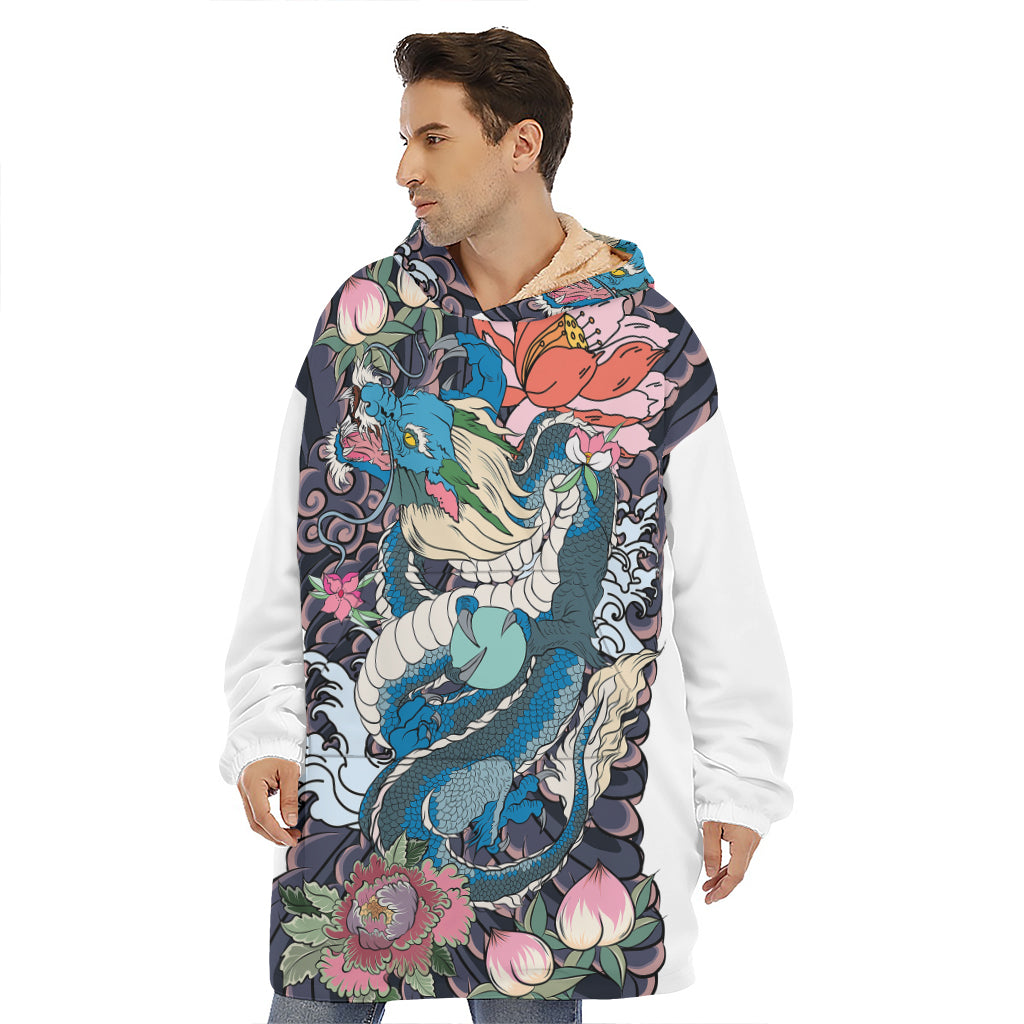 Blue Japanese Dragon Tattoo Print Hoodie Blanket