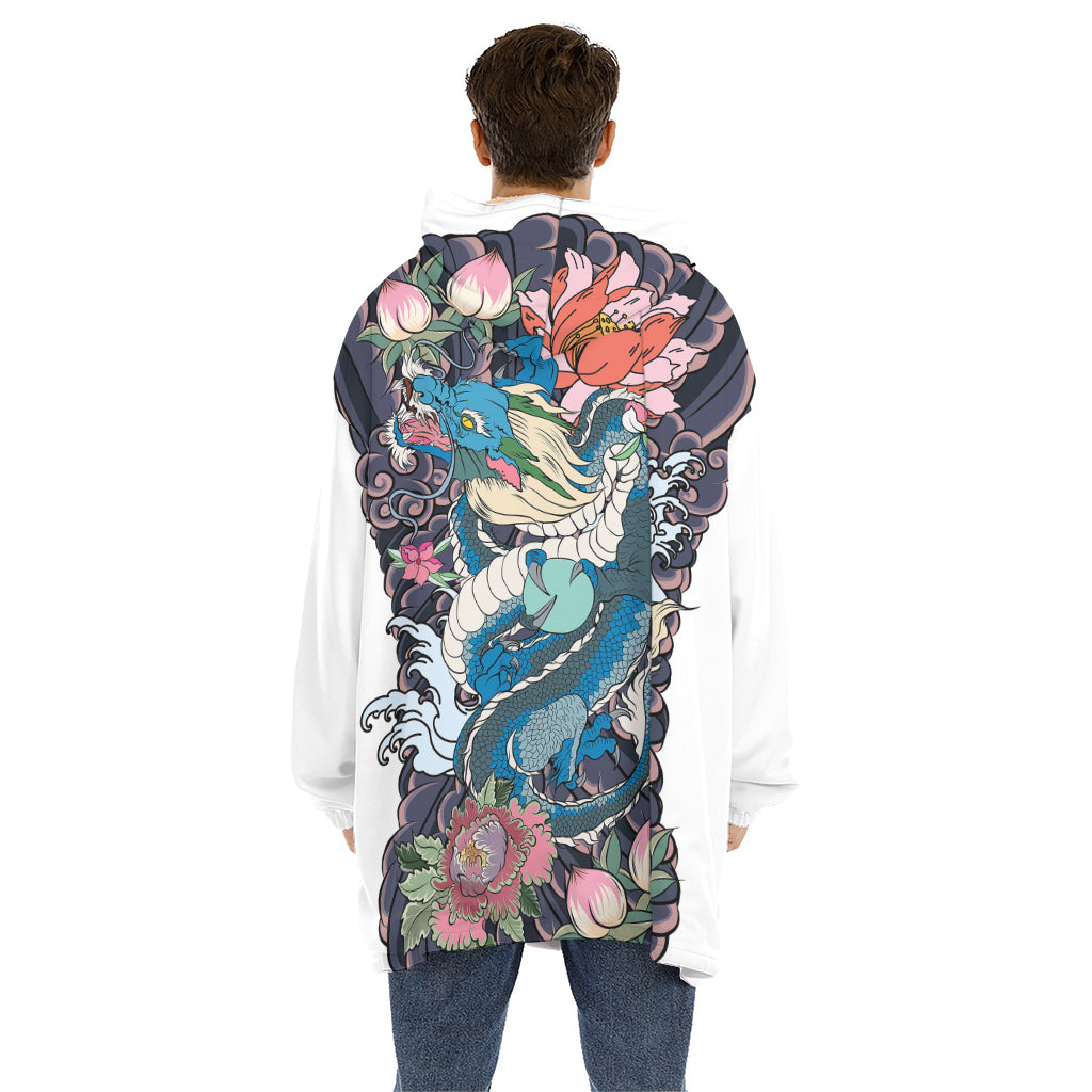 Blue Japanese Dragon Tattoo Print Hoodie Blanket