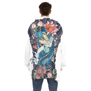 Blue Japanese Dragon Tattoo Print Hoodie Blanket