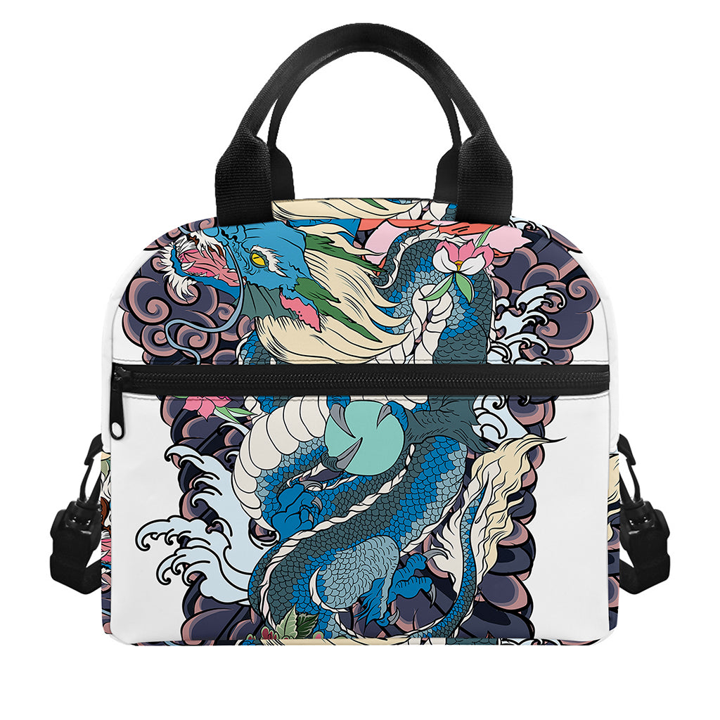 Blue Japanese Dragon Tattoo Print Insulated Lunch Bag