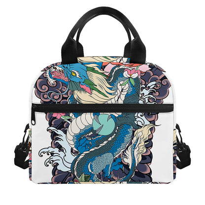 Blue Japanese Dragon Tattoo Print Insulated Lunch Bag