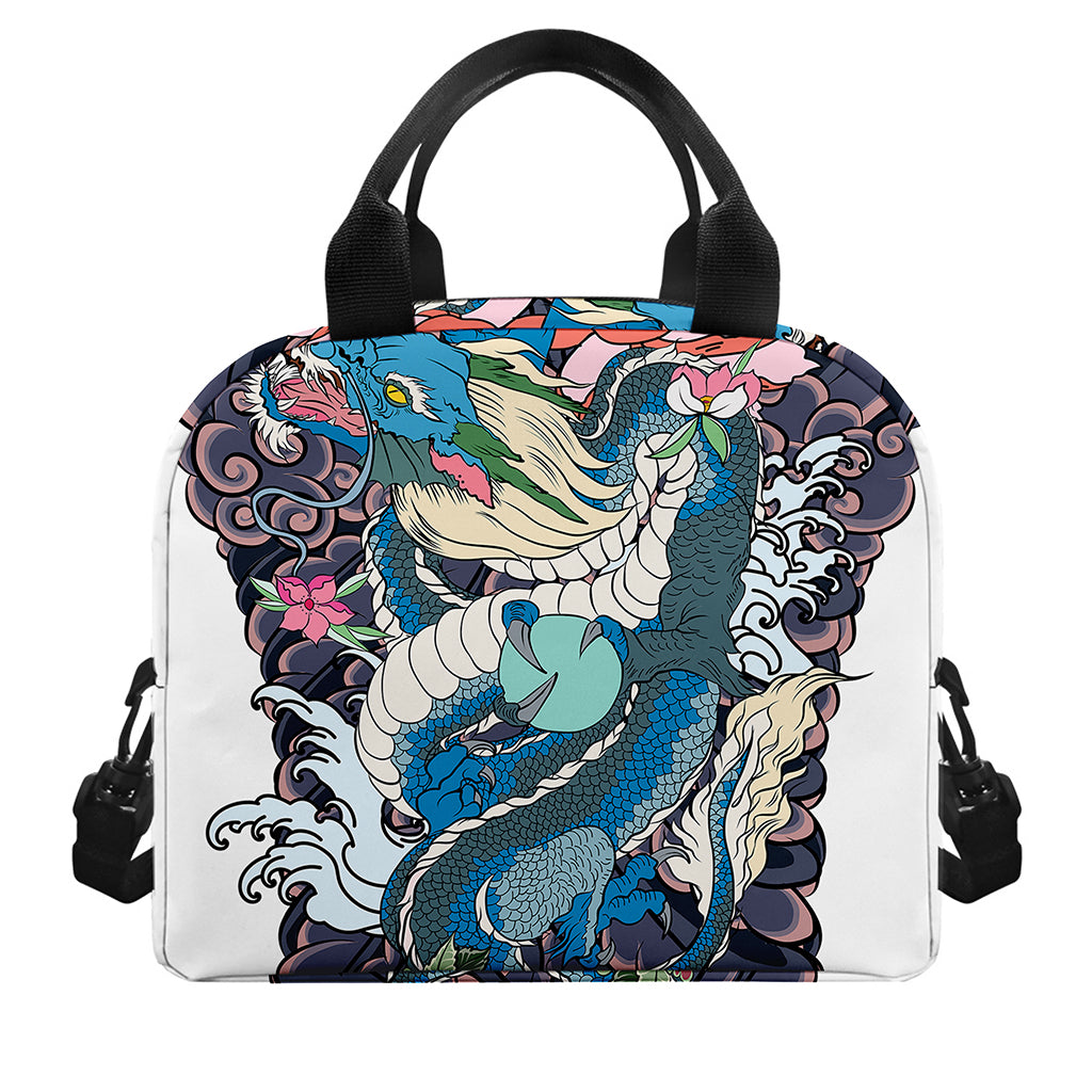 Blue Japanese Dragon Tattoo Print Insulated Lunch Bag