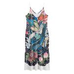 Blue Japanese Dragon Tattoo Print Jersey Midi Cami Dress