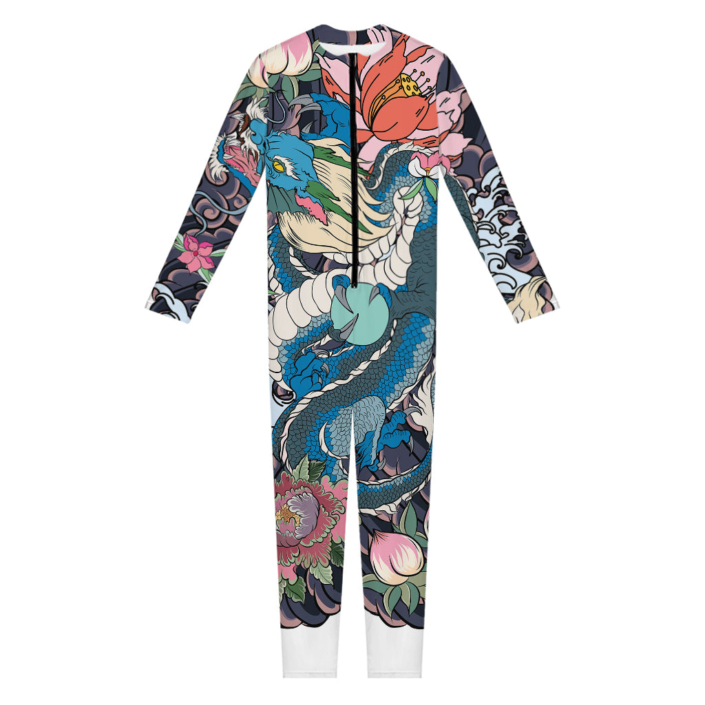 Blue Japanese Dragon Tattoo Print Jumpsuit