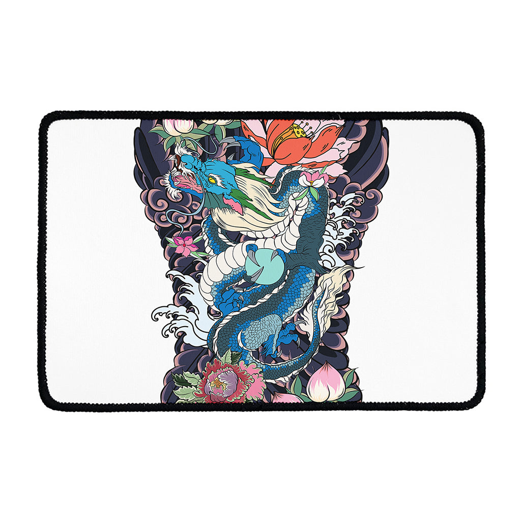 Blue Japanese Dragon Tattoo Print Kitchen Mat