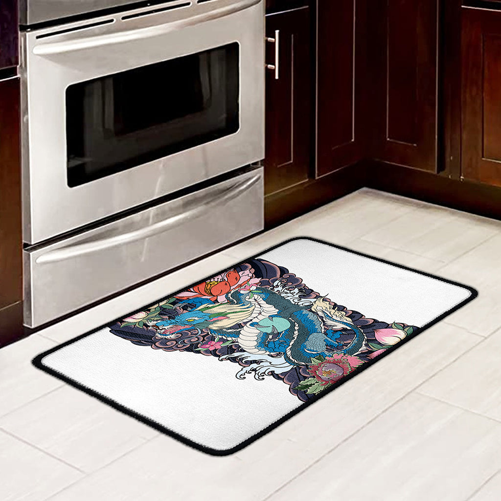 Blue Japanese Dragon Tattoo Print Kitchen Mat