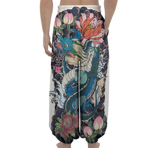 Blue Japanese Dragon Tattoo Print Lantern Pants