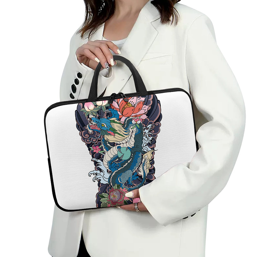 Blue Japanese Dragon Tattoo Print Laptop Sleeve With Handle