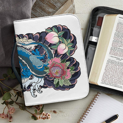 Blue Japanese Dragon Tattoo Print Leather Bible Cover