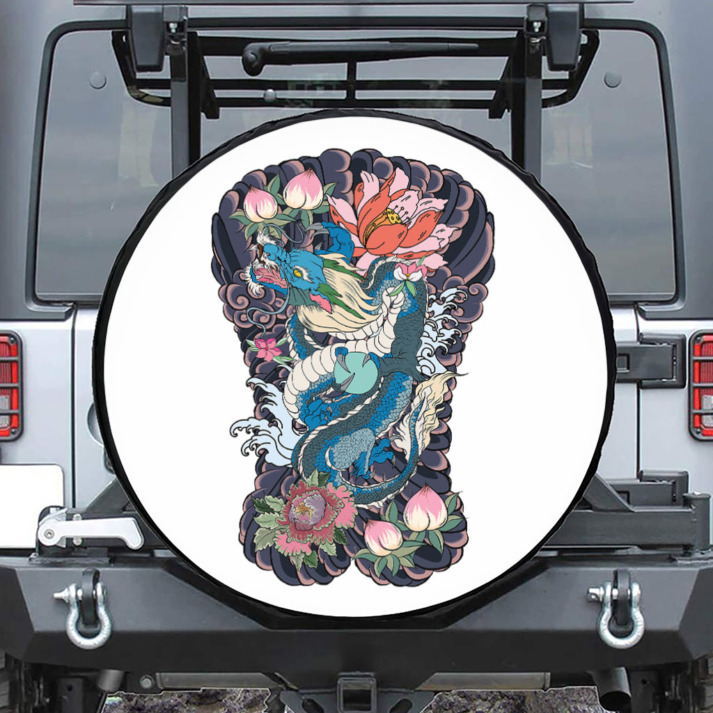 Blue Japanese Dragon Tattoo Print Leather Spare Tire Cover