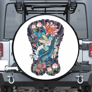 Blue Japanese Dragon Tattoo Print Leather Spare Tire Cover