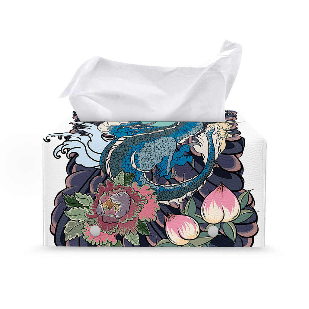 Blue Japanese Dragon Tattoo Print Leather Tissue Box Cover