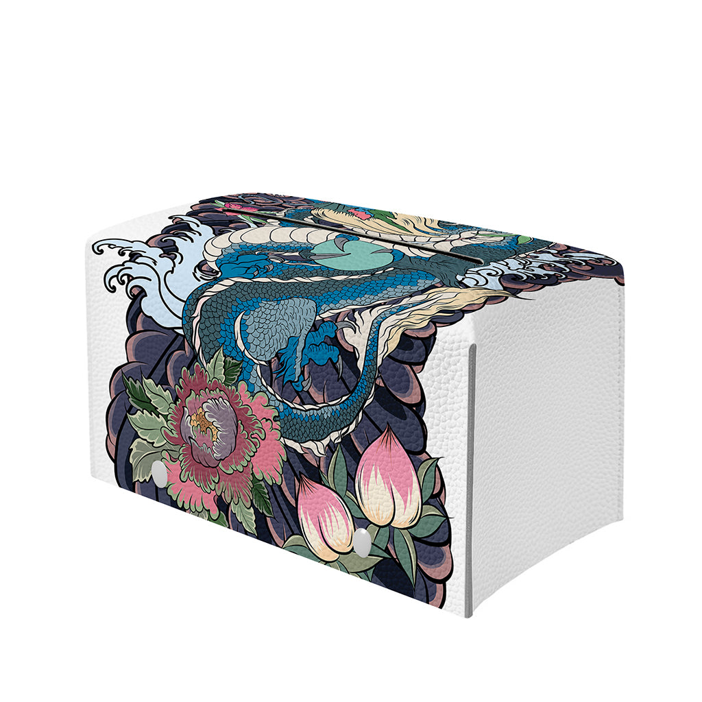 Blue Japanese Dragon Tattoo Print Leather Tissue Box Cover