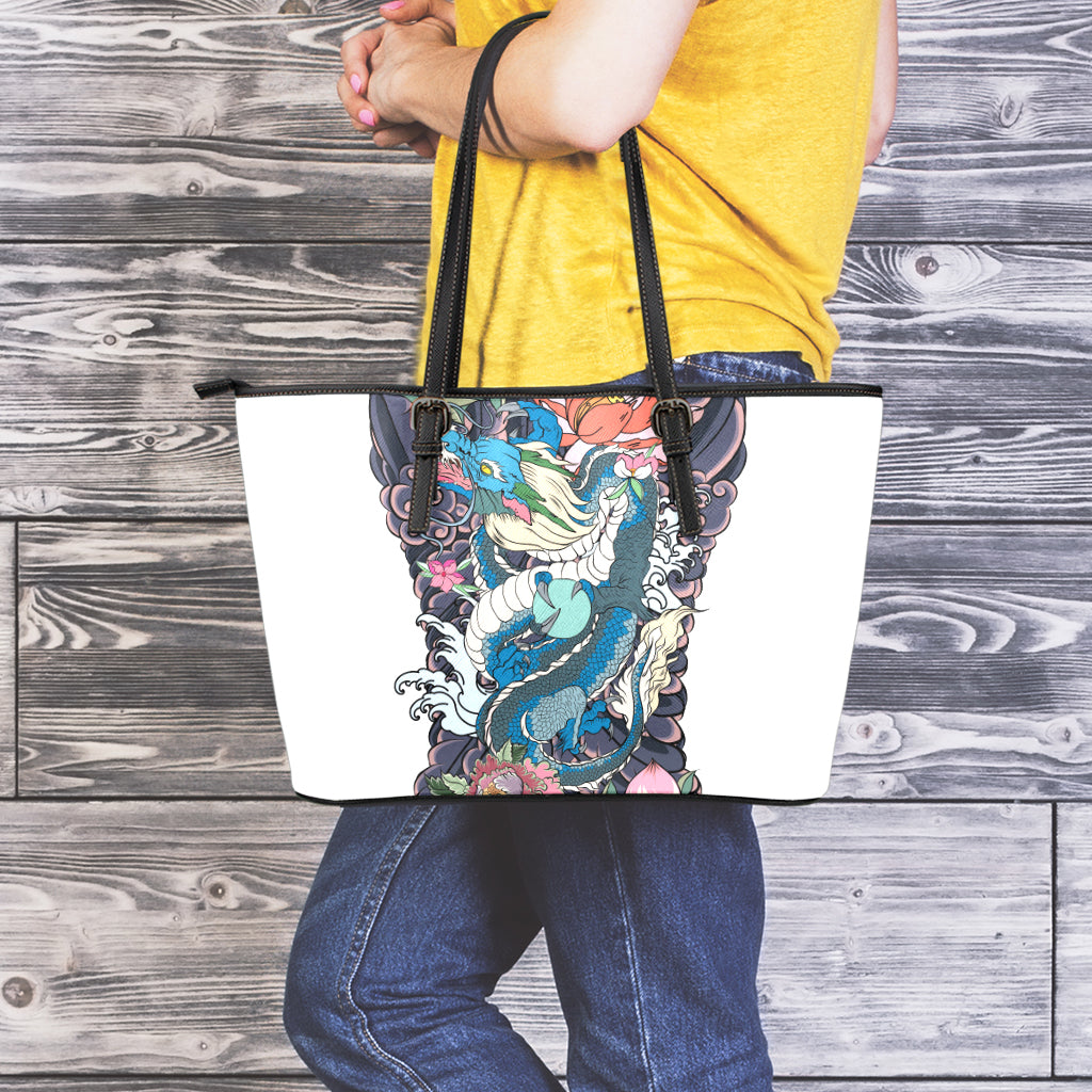 Blue Japanese Dragon Tattoo Print Leather Tote Bag