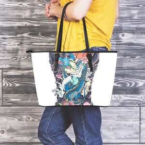 Blue Japanese Dragon Tattoo Print Leather Tote Bag