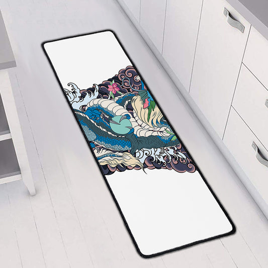 Blue Japanese Dragon Tattoo Print Long Kitchen Mat