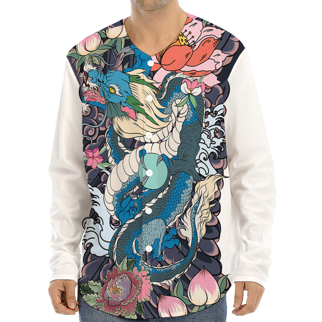 Blue Japanese Dragon Tattoo Print Long Sleeve Baseball Jersey