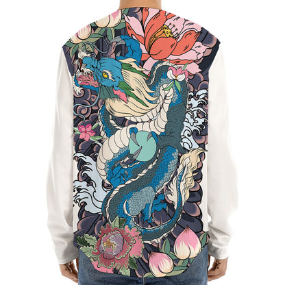 Blue Japanese Dragon Tattoo Print Long Sleeve Baseball Jersey