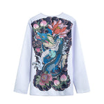 Blue Japanese Dragon Tattoo Print Long Sleeve Short Coat